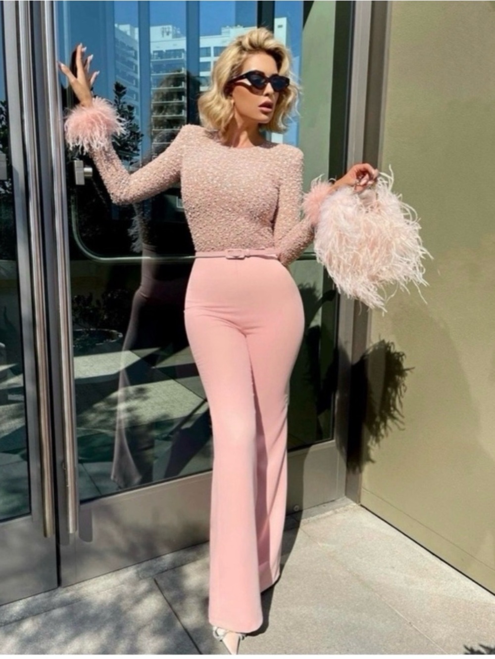 BNWT Nadine Merabi Misha Elegant Pink Wide-Leg Jumpsuit with Feather Cuffs